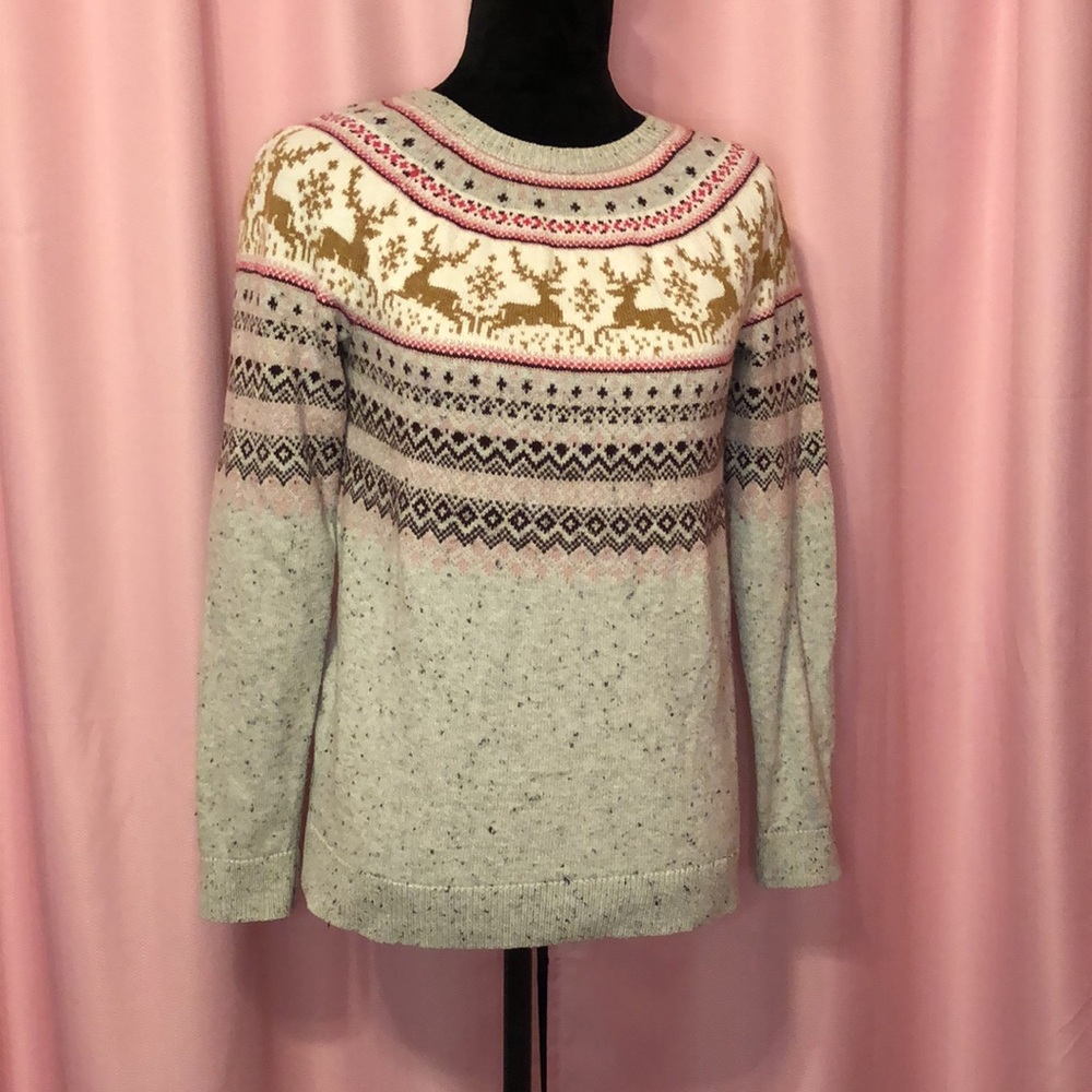 Talbots Pink and Grey Reindeer Fair Isle Sweater - Picture 2 of 7